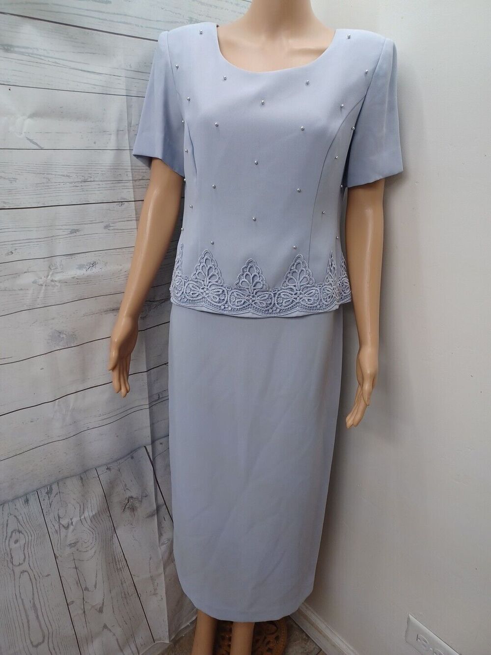 R&M Richards Beaded Top Long Dress Gray Lavander Sz 8 Petite